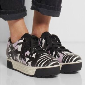 KENZO Lilac Black Print Espadrille Raffia Leather Lace Up Sneakers Sz 9